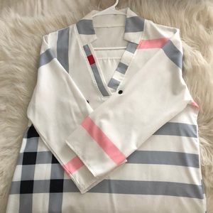 White pink & grey 3/4 sleeved collared V-neck